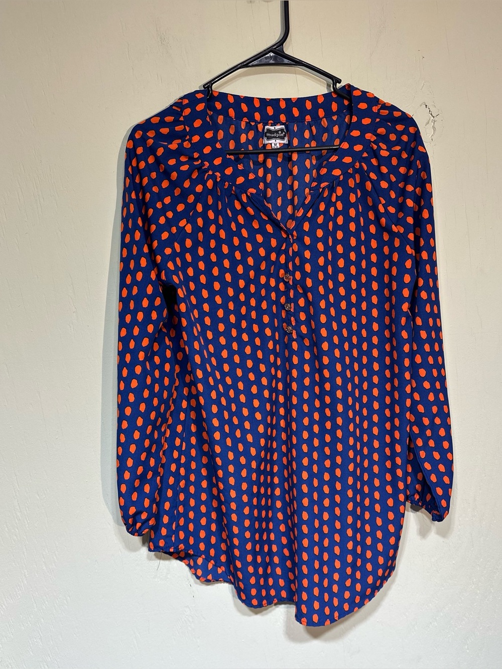 Mudpie blue with orange polka dot long sleeve v neck button blouse medium